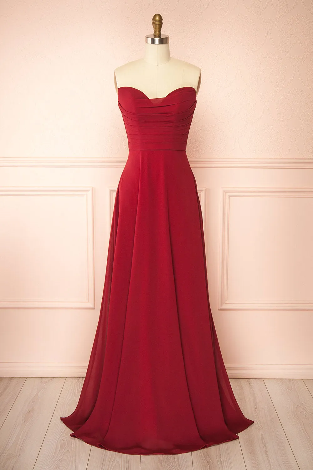 Janie Burgundy | Chiffon Maxi Dress with Sweetheart Neckline and Scarf sold by Boutique 1861