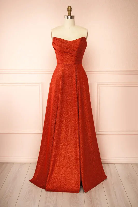 Fitzi Red | Sparkly Strapless Maxi Dress w/ Slit sold by Boutique 1861