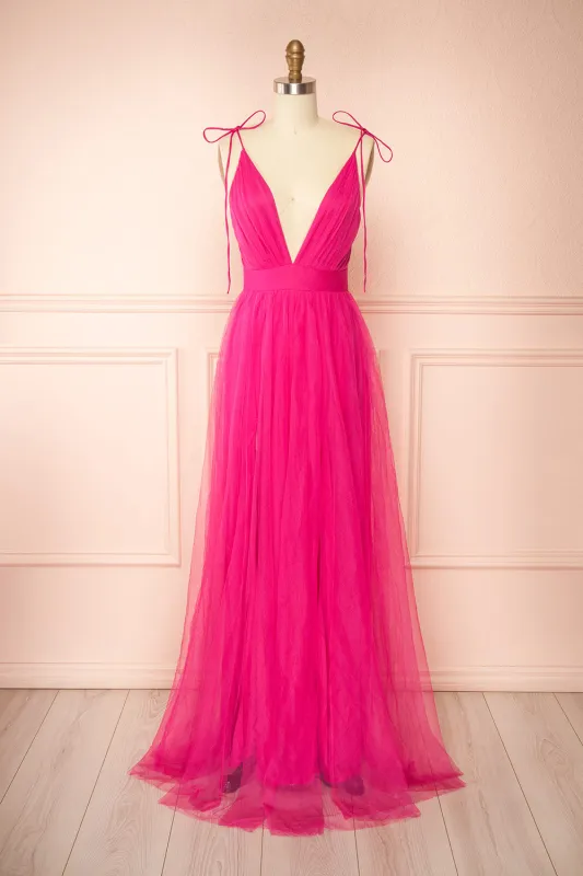 Hyedi Fuchsia | Tulle Gown with Plunging Neckline sold by Boutique 1861