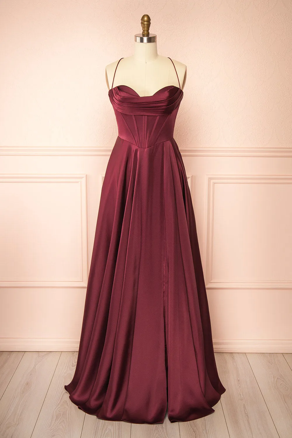 Misha Burgundy | Corset Cowl Neck Maxi Dress sold by Boutique 1861