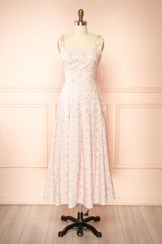 Lesley | Pink Midi Dress w/ Vintage Floral Pattern sold by Boutique 1861