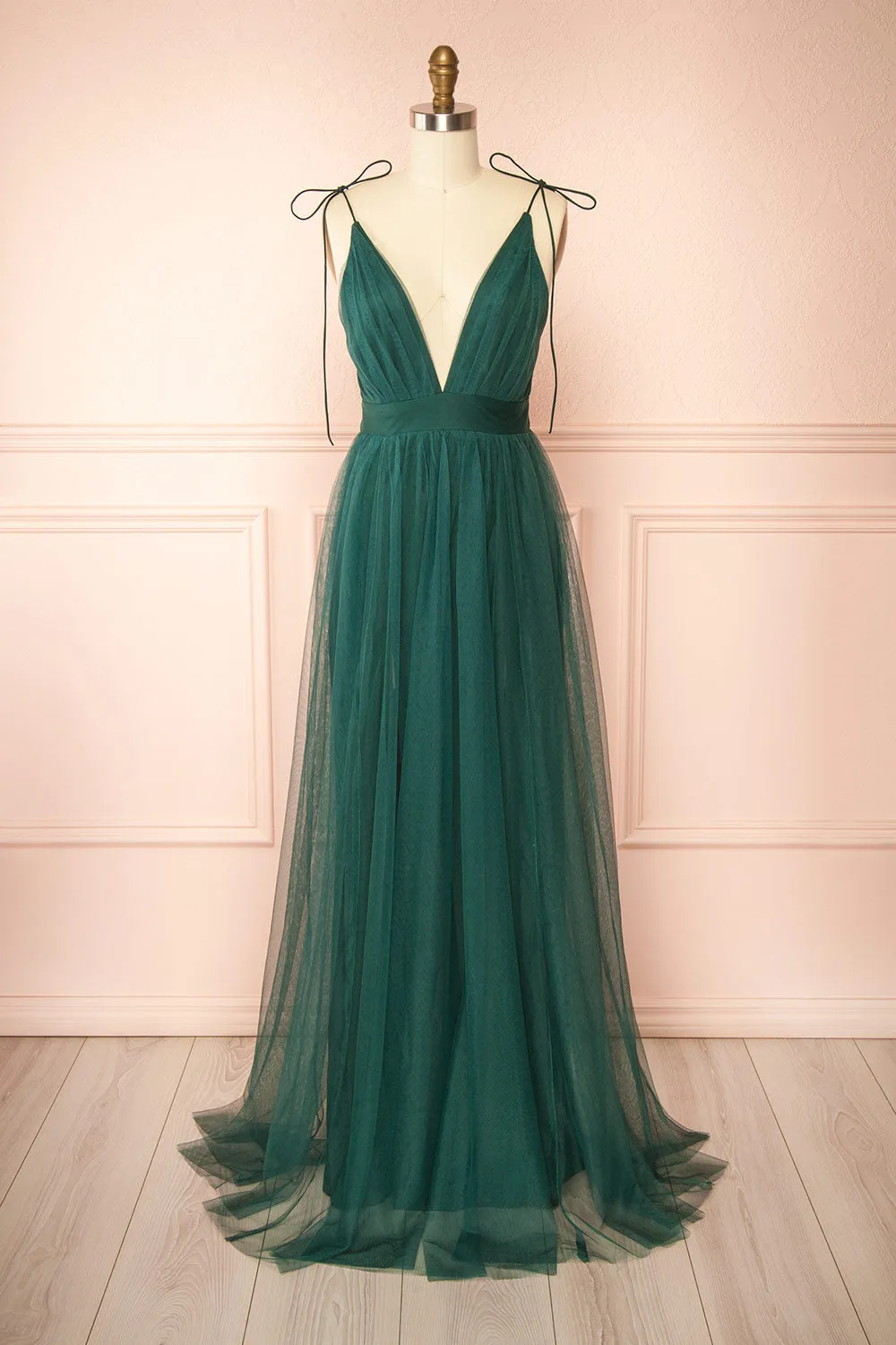 Hyedi Green | Tulle Gown with Plunging Neckline sold by Boutique 1861
