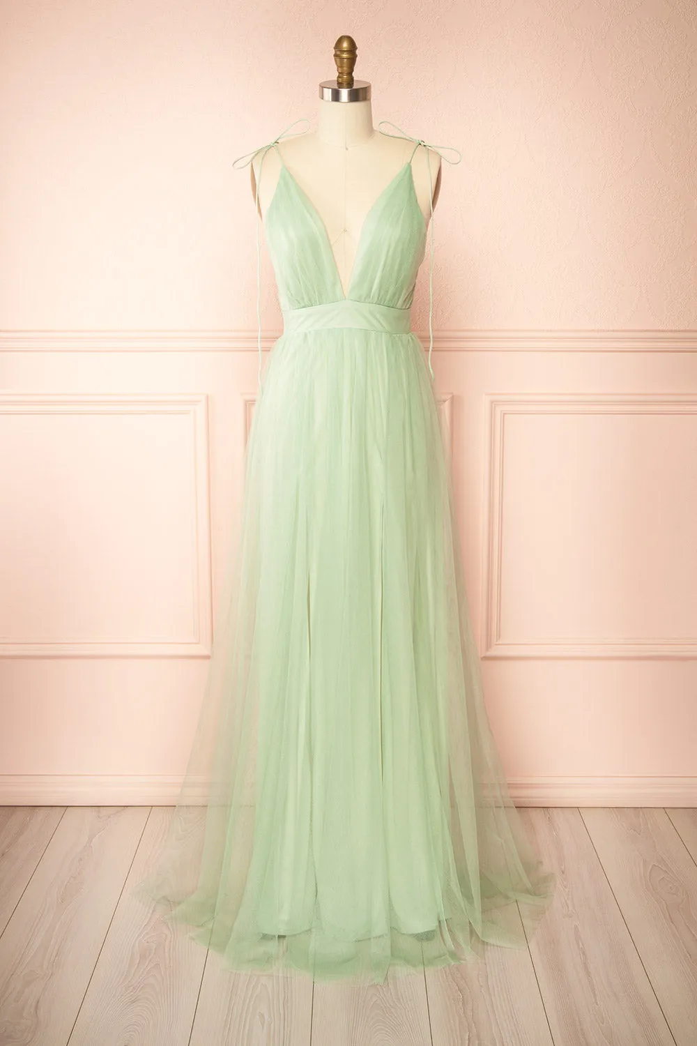 Hyedi Sage | Tulle Gown with Plunging Neckline sold by Boutique 1861