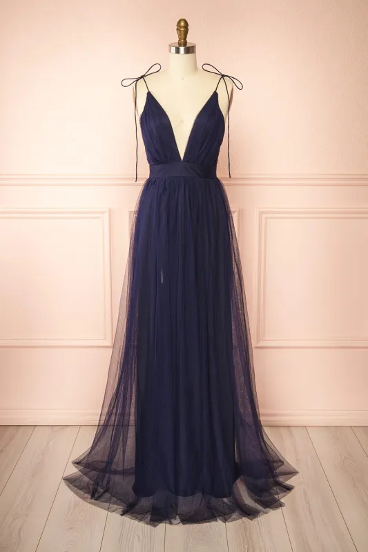 Hyedi Navy | Tulle Gown with Plunging Neckline sold by Boutique 1861