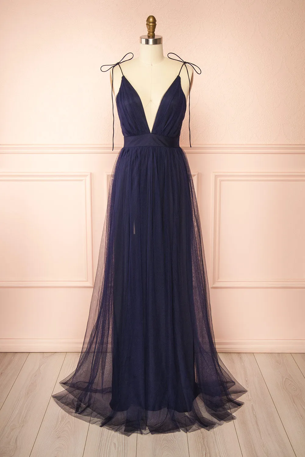 Hyedi Navy | Tulle Gown with Plunging Neckline sold by Boutique 1861