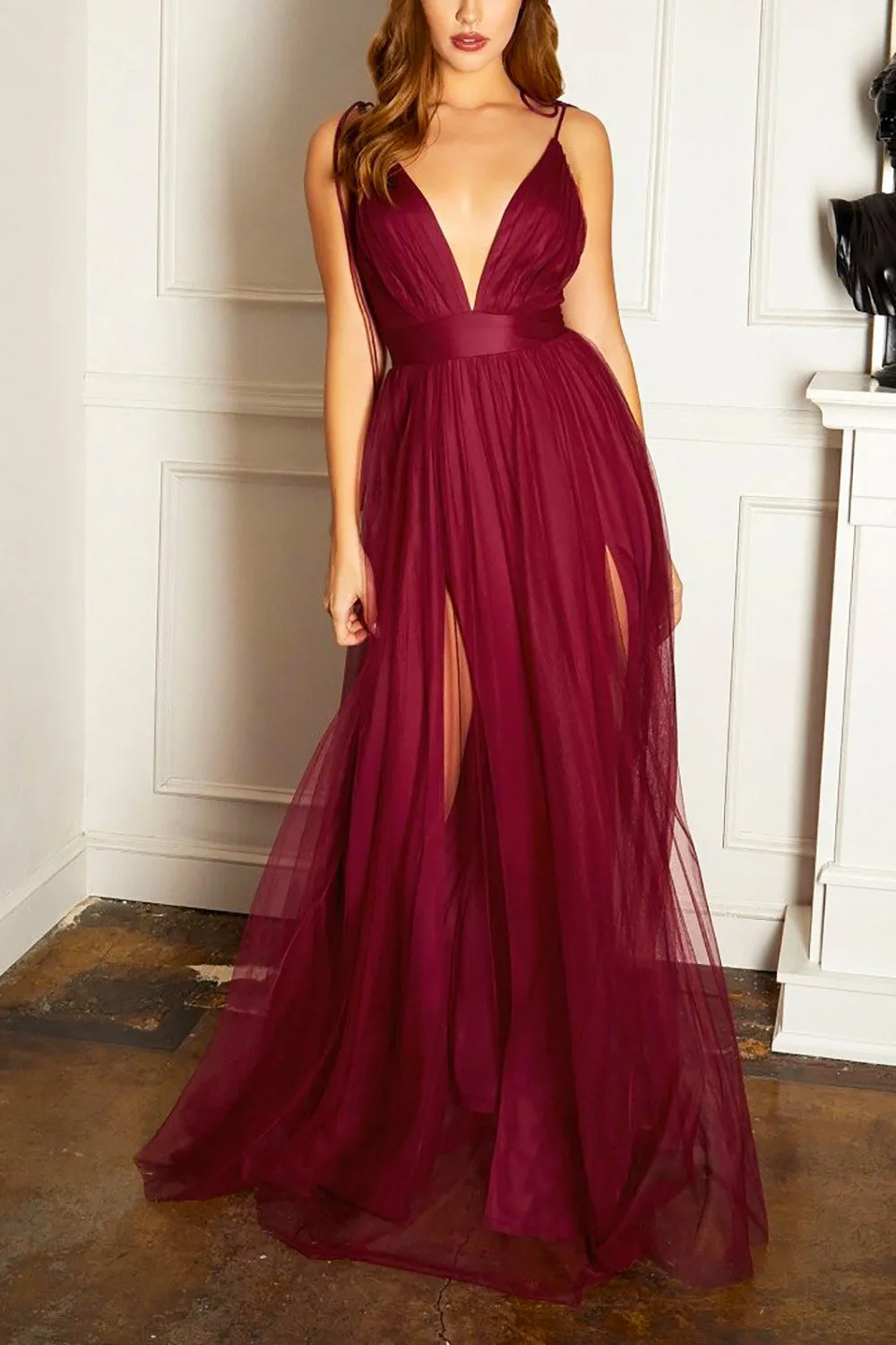 Hyedi Burgundy | Tulle Gown with Plunging Neckline sold by Boutique 1861 product image thumbnail 2
