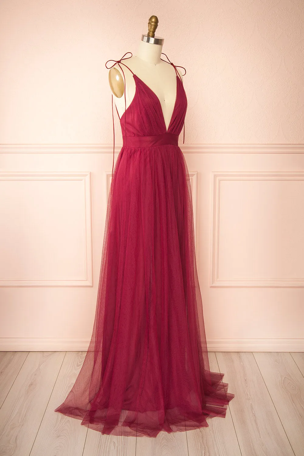 Hyedi Burgundy | Tulle Gown with Plunging Neckline sold by Boutique 1861 product image thumbnail 4