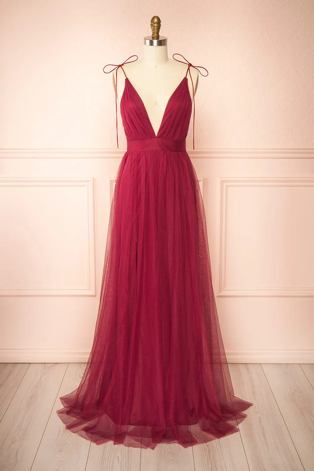 Hyedi Burgundy | Tulle Gown with Plunging Neckline sold by Boutique 1861