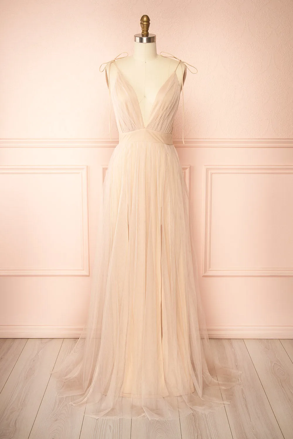 Hyedi Beige | Tulle Gown with Plunging Neckline sold by Boutique 1861