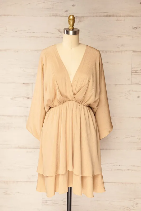 Aberdour Beige | Short  Dress w/ Batwing Sleeves sold by Boutique 1861