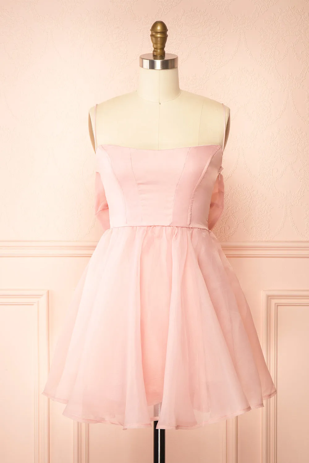 Heejin | Blush Organza Mini Dress with Back Bow sold by Boutique 1861