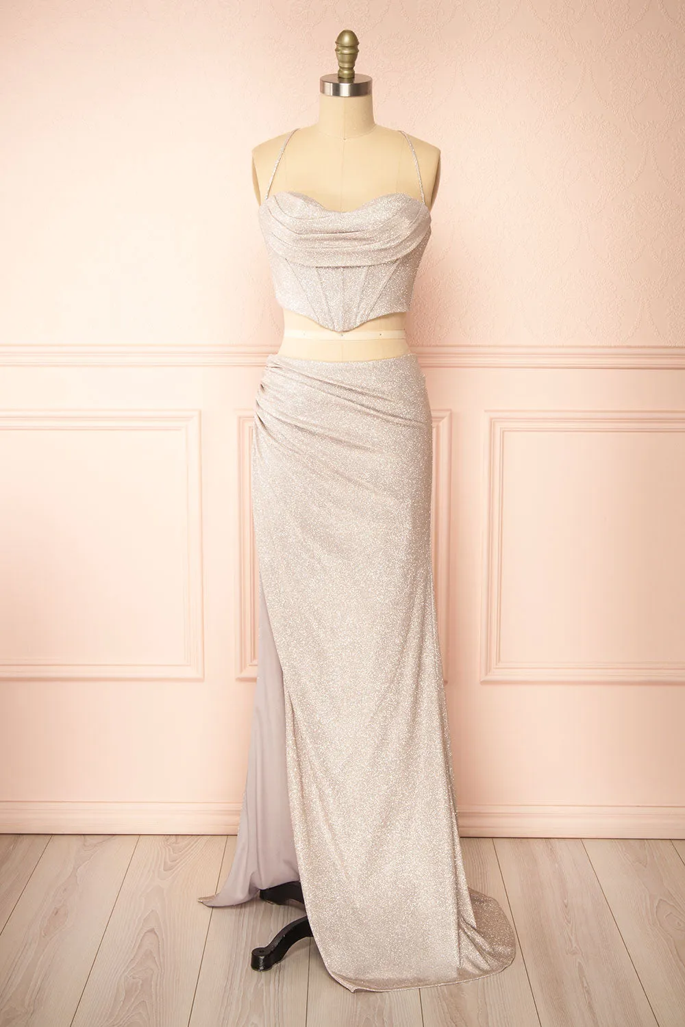 Jadia Champagne | Sparkly Corset & Skirt Set sold by Boutique 1861