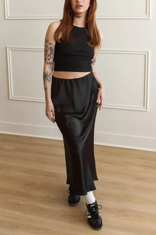 Ellye Black Satin | Long Satin Skirt sold by Boutique 1861