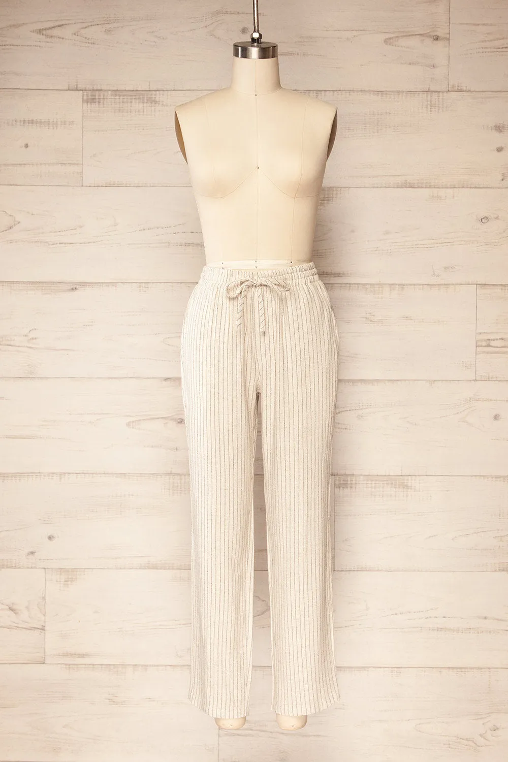 Yecal | Beige Striped Linen Pants sold by Boutique 1861