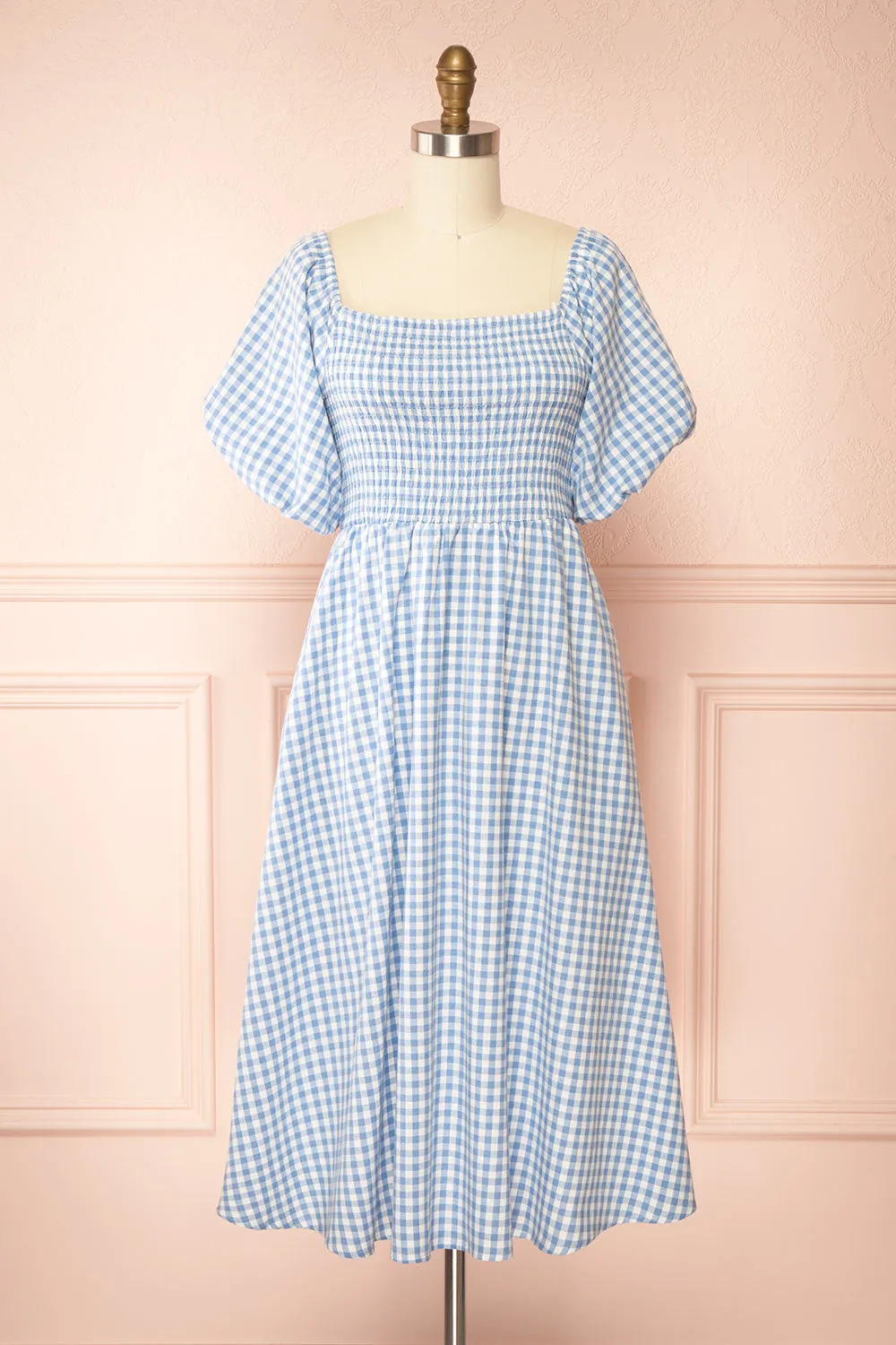 Kitea Blue | Gingham Midi Dress w/ Puffy Sleeves sold by Boutique 1861