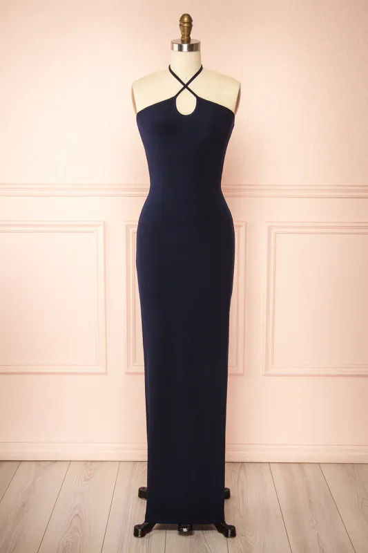 Leora Navy | Long Dress with Criss-Cross Halter Neckline made by Boutique 1861