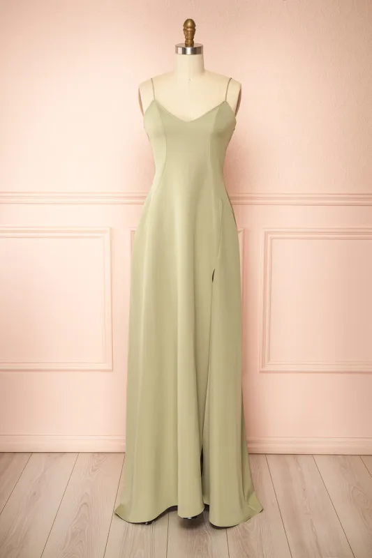 Vivina Sage | A-line Maxi Dress with Open Back sold by Boutique 1861