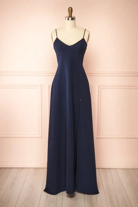 Vivina Navy | A-line Maxi Dress w/ Open Back sold by Boutique 1861