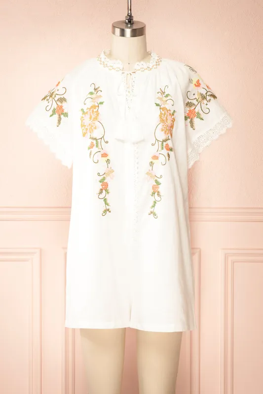 Avril Ivory | Romper with Floral Cross-Stitch sold by Boutique 1861