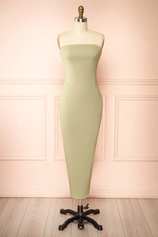 Arannia Sage | Fitted Midi Dress with Laced Back sold by Boutique 1861