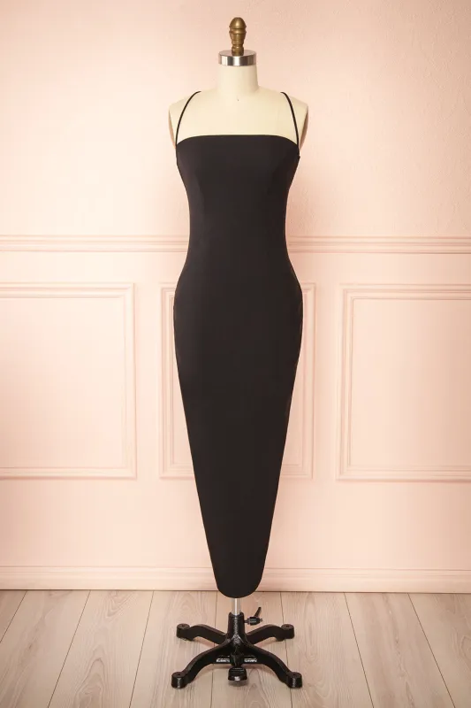 Arannia Black | Fitted Midi Dress with Laced Back sold by Boutique 1861