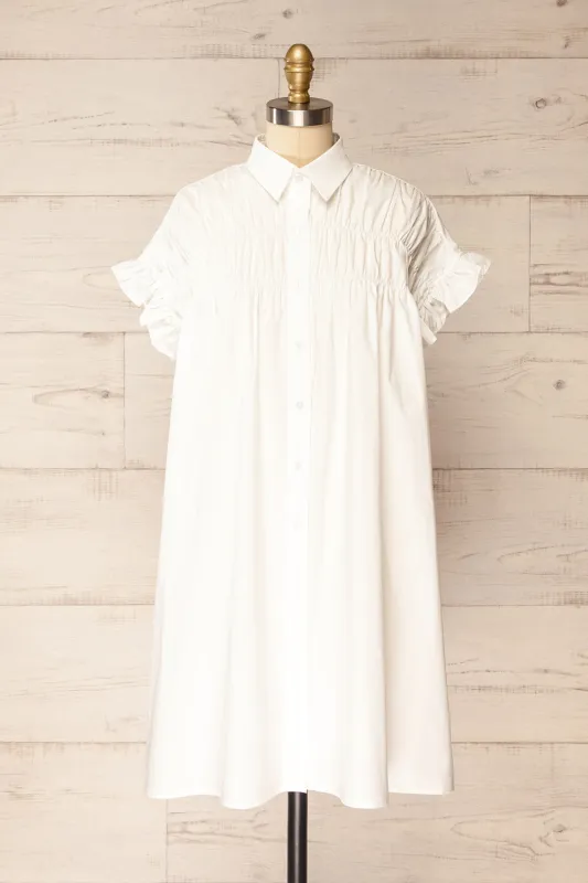 Kanso White | Short Shirt Dress w/ Ruched Details sold by Boutique 1861