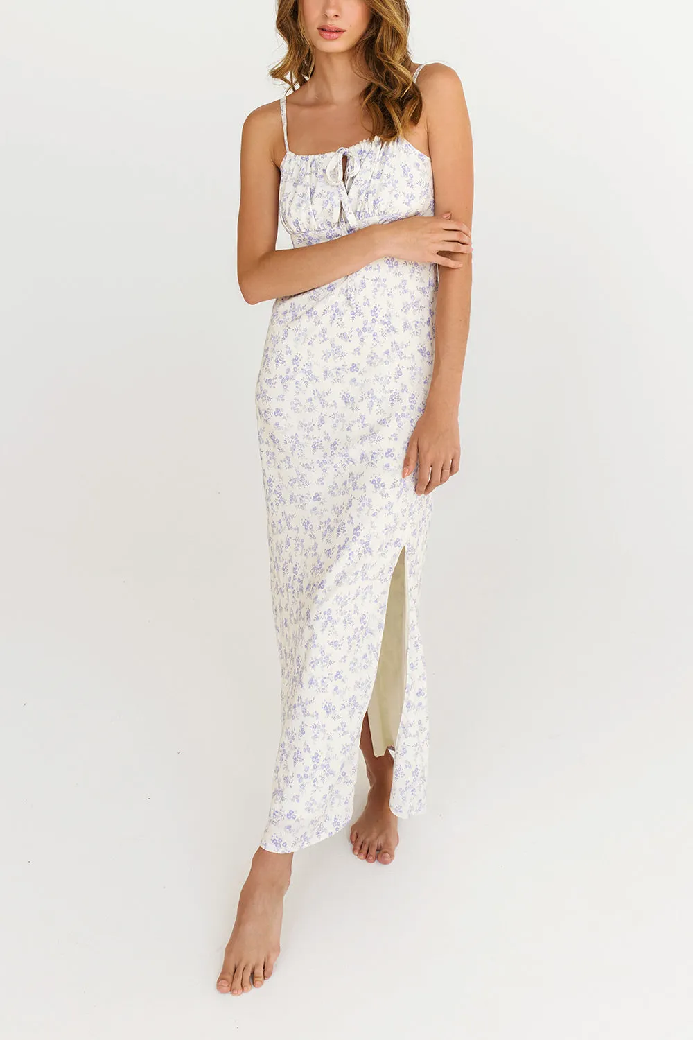 Madelyne Floral Blue | Floral Midi Dress with Slit by Dailystory Montreal sold by Boutique 1861 product image thumbnail 2