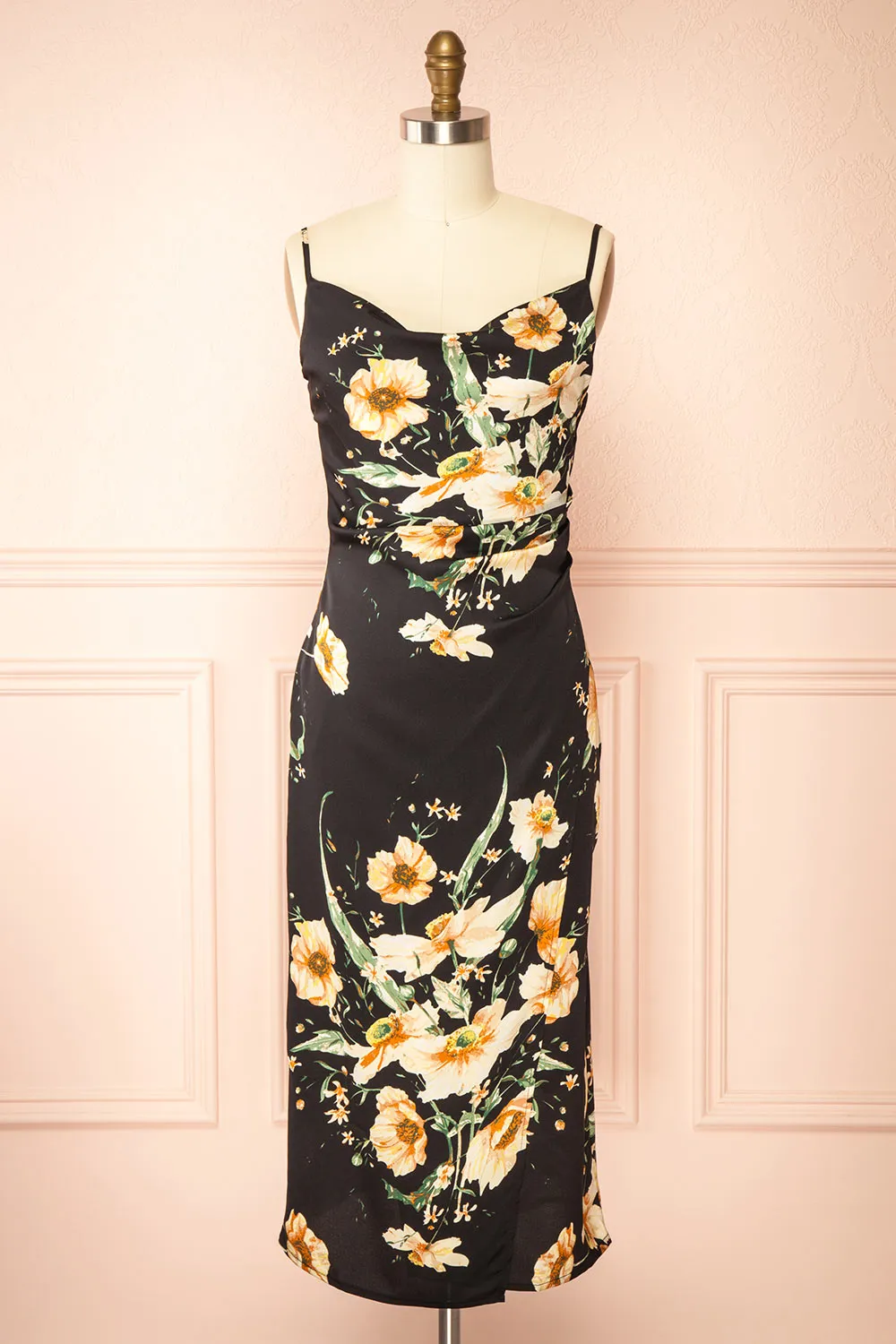 Yziah | Floral Cowl Neck Satin Midi Slip Dress sold by Boutique 1861