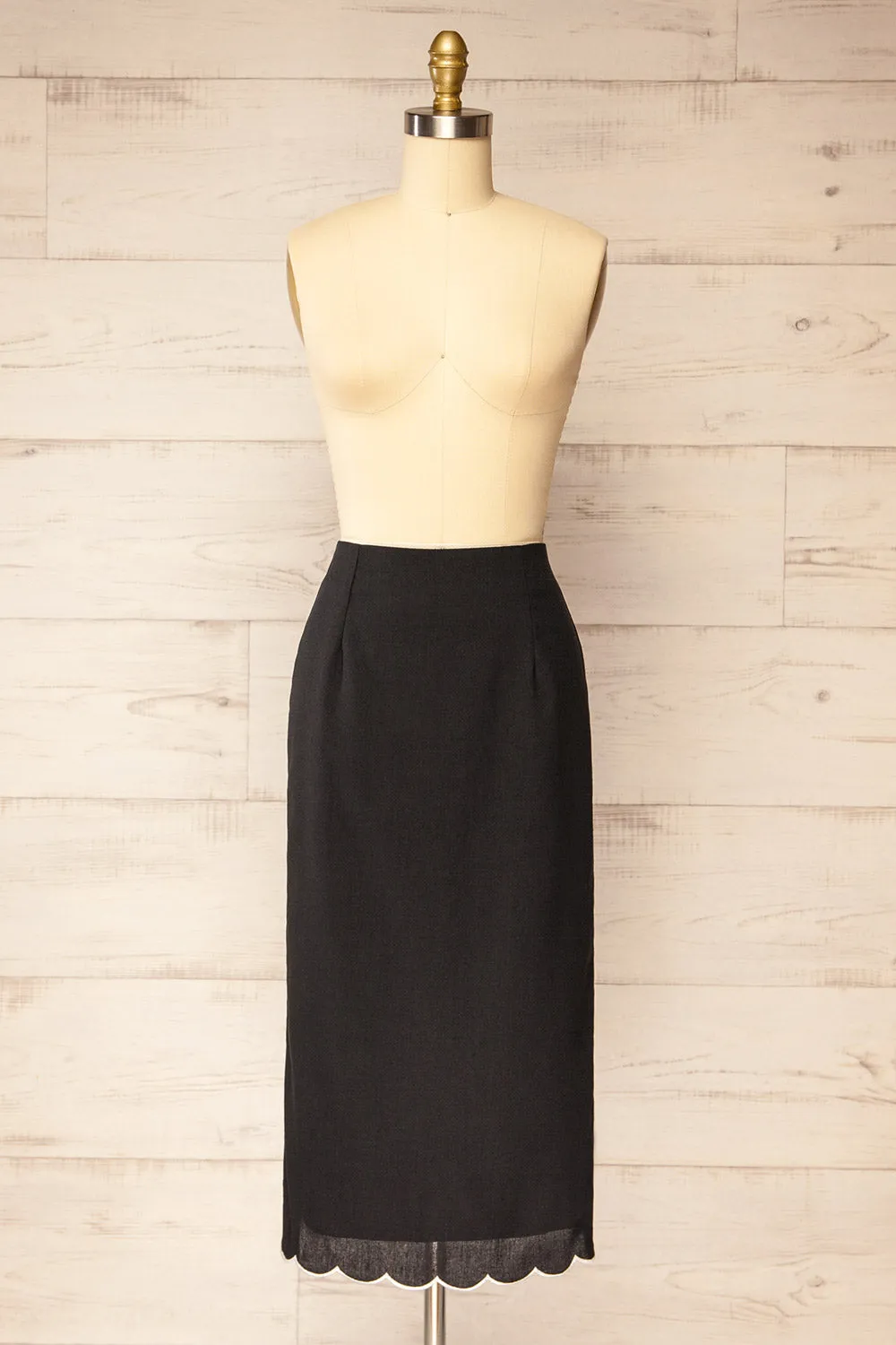 Kalissa | Black Midi Skirt w/ Scalloped Hem sold by Boutique 1861