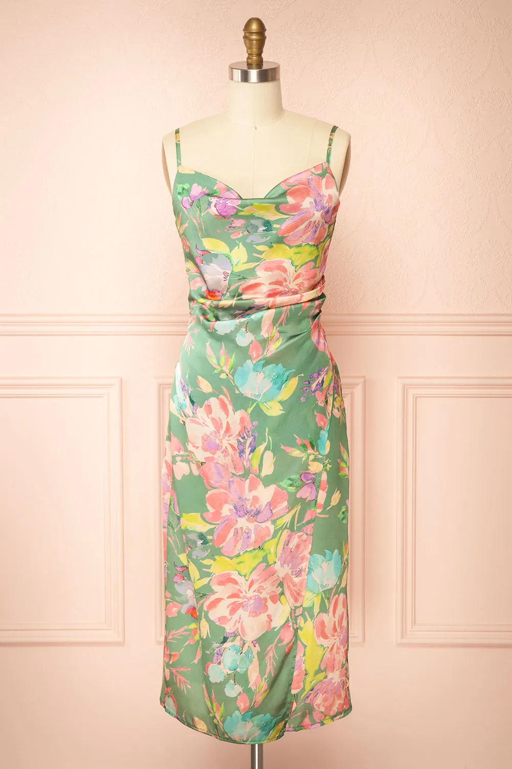 Iridienne | Floral Cowl Neck Satin Midi Slip Dress sold by Boutique 1861