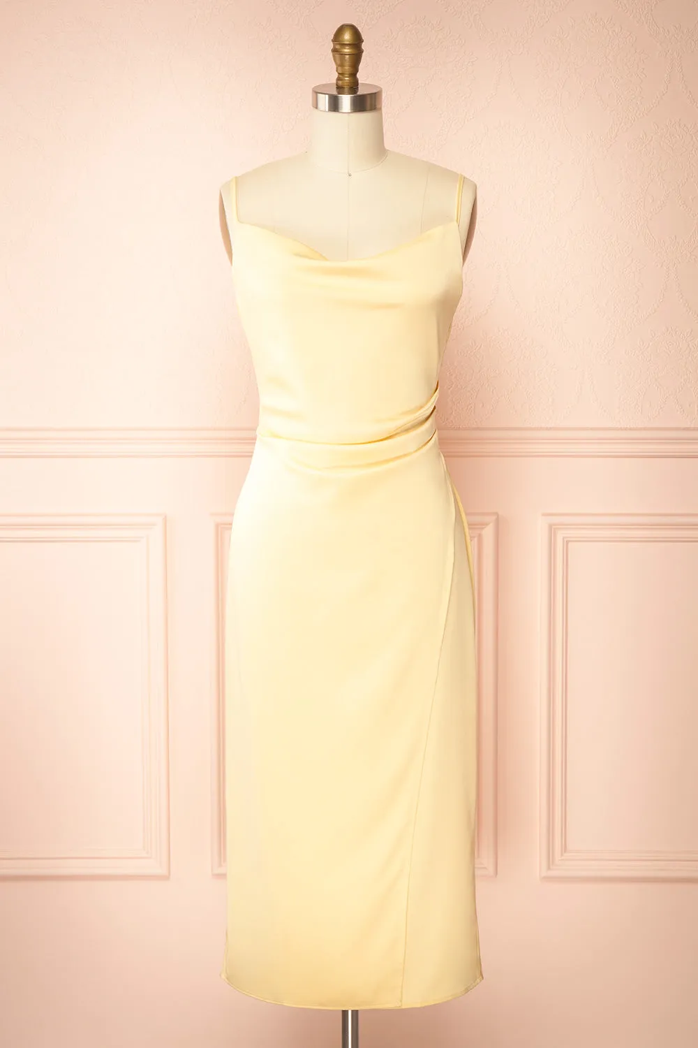 Chloe Light Yellow | Cowl Neck Satin Midi Slip Dress sold by Boutique 1861