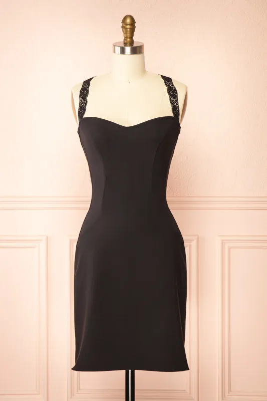 Aleyna | Short Black Dress w/ Lace Straps sold by Boutique 1861