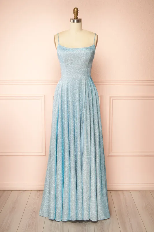 Fadia Light Blue | Sparkly Maxi Dress w/ Slit and Pockets sold by Boutique 1861