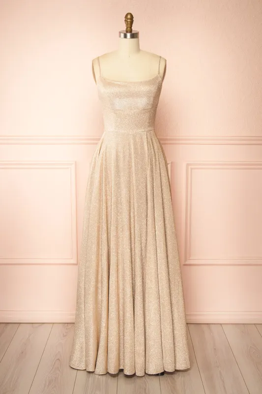 Fadia Champagne | Sparkly Maxi Dress w/ Slit and Pockets sold by Boutique 1861