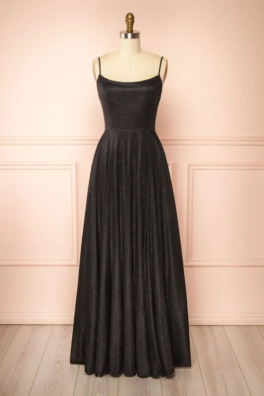Fadia Black | Sparkly Maxi Dress w/ Slit and Pockets made by Boutique 1861