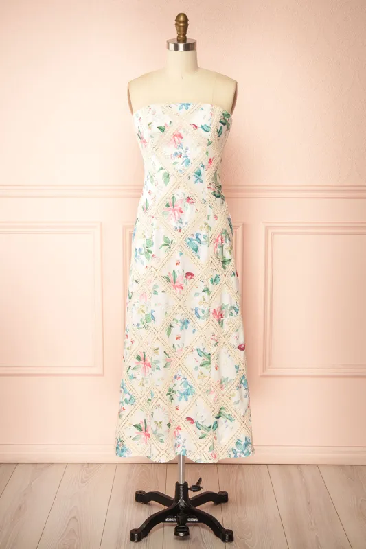 Manon | White Midi Floral Dress w/ Lace Detailing sold by Boutique 1861