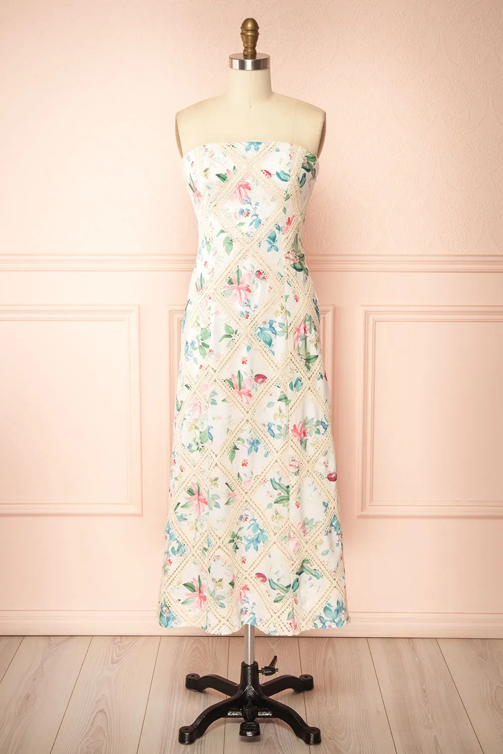 Manon | White Midi Floral Dress w/ Lace Detailing sold by Boutique 1861