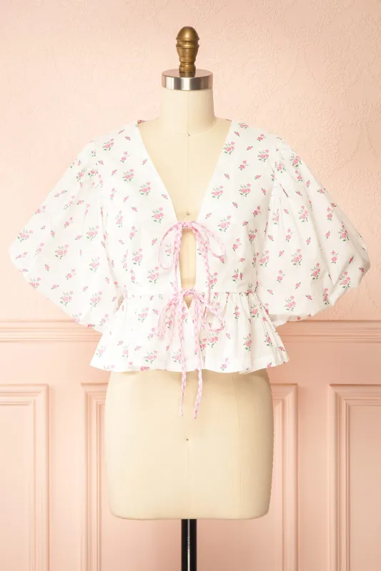 Mayssa Pink | Floral Tie-Front Puffy Sleeve Blouse sold by Boutique 1861