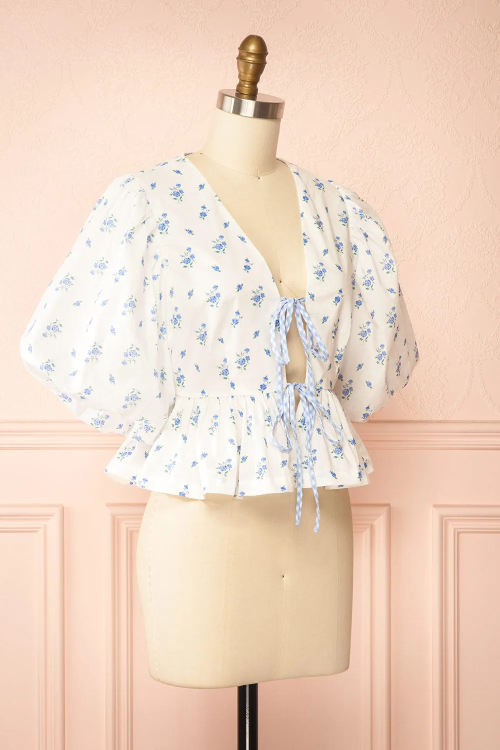 Mayssa Blue | Floral Tie-Front Puffy Sleeve Blouse sold by Boutique 1861 product image thumbnail 3