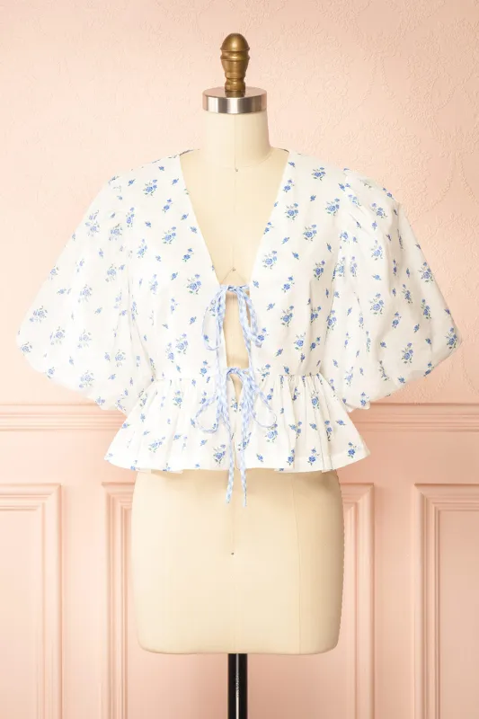 Mayssa Blue | Floral Tie-Front Puffy Sleeve Blouse sold by Boutique 1861