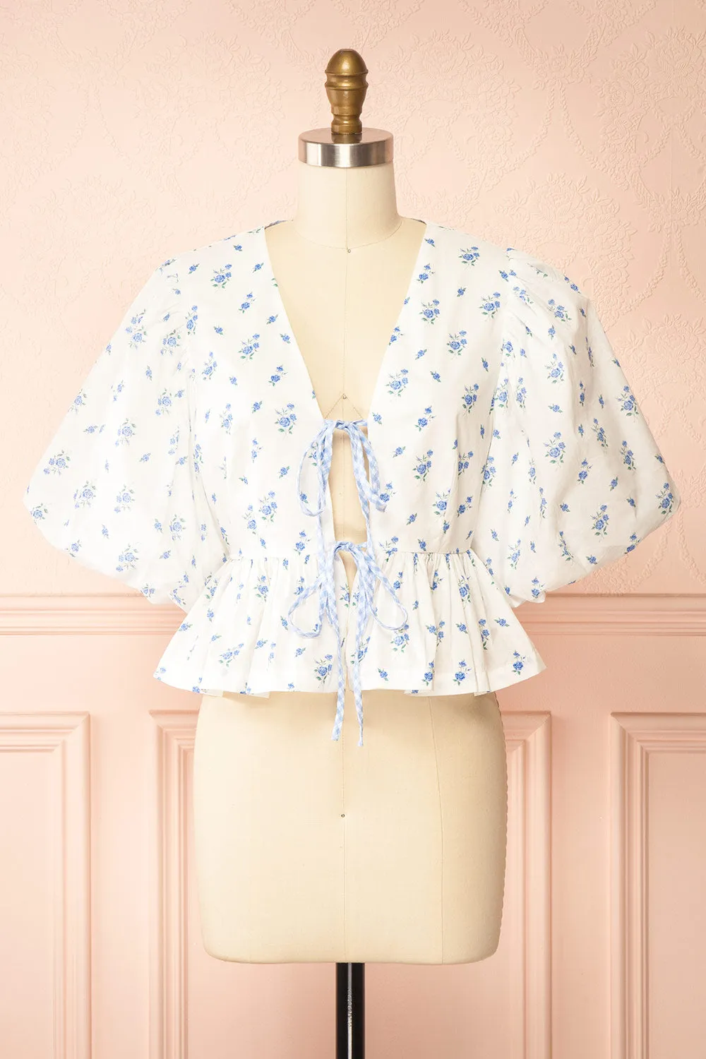 Mayssa Blue | Floral Tie-Front Puffy Sleeve Blouse sold by Boutique 1861