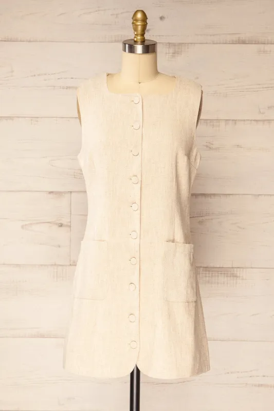 Ghami | Beige Button-Down Mini Dress with Pockets sold by Boutique 1861