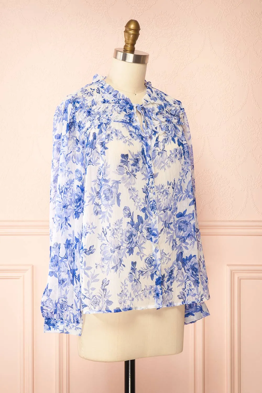 Soranna | Blue Floral Chiffon Blouse with Front Tie sold by Boutique 1861 product image thumbnail 3
