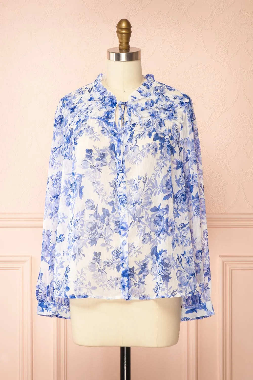 Soranna | Blue Floral Chiffon Blouse with Front Tie sold by Boutique 1861