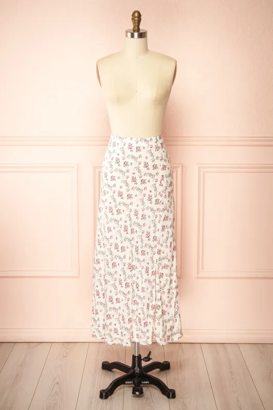 Bithia Pink | Long White Skirt with Floral Pattern sold by Boutique 1861