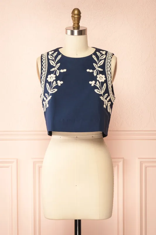 Narsica | Navy Sleeveless Top with Floral Embroidery sold by Boutique 1861