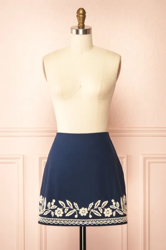 Maryam | Navy A-Line Skirt with Floral Embroidery sold by Boutique 1861