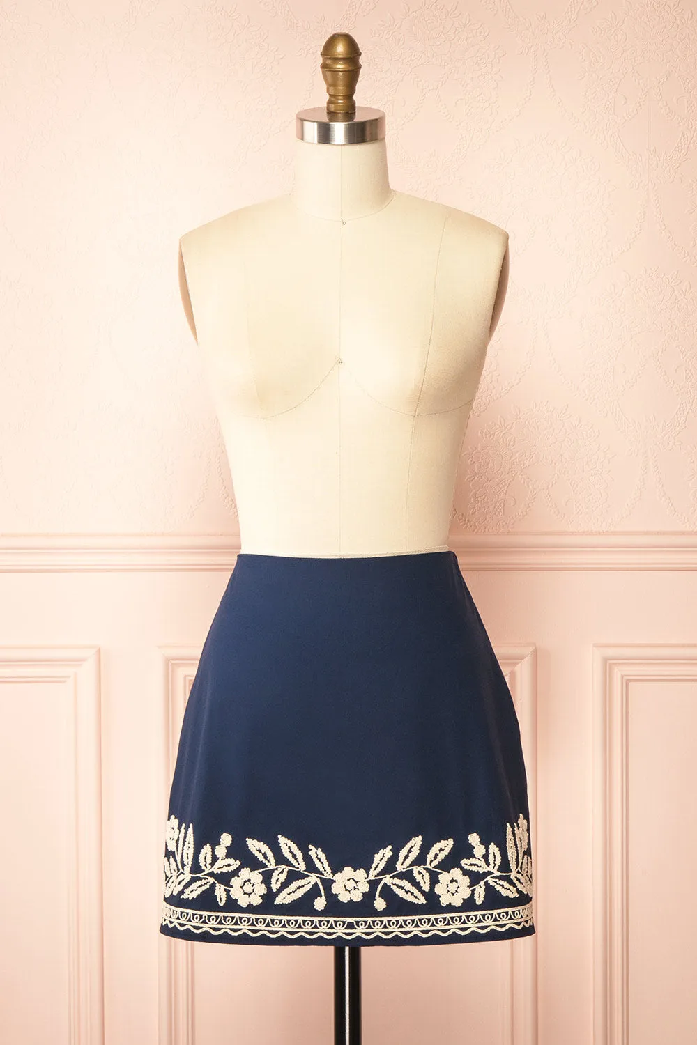 Maryam | Navy A-Line Skirt with Floral Embroidery sold by Boutique 1861