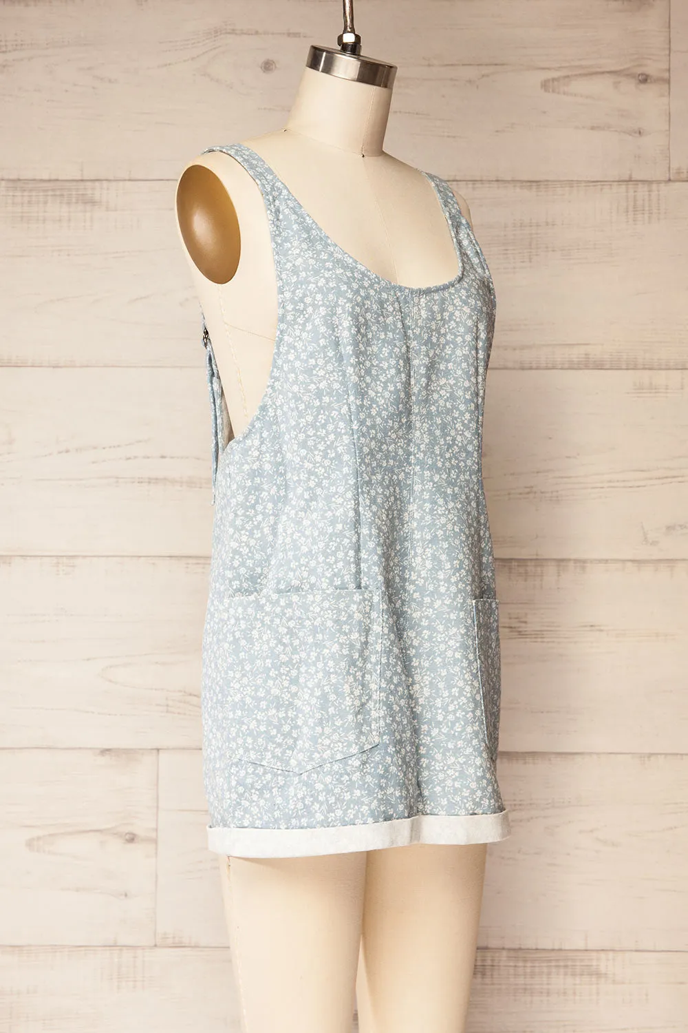 Douala | Blue Denim Romper with White Floral Prints and Pockets sold by Boutique 1861 product image thumbnail 4