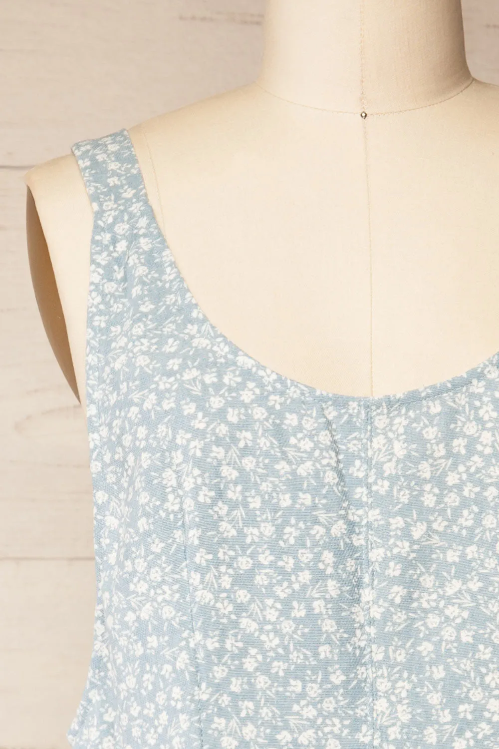 Douala | Blue Denim Romper with White Floral Prints and Pockets sold by Boutique 1861 product image thumbnail 3